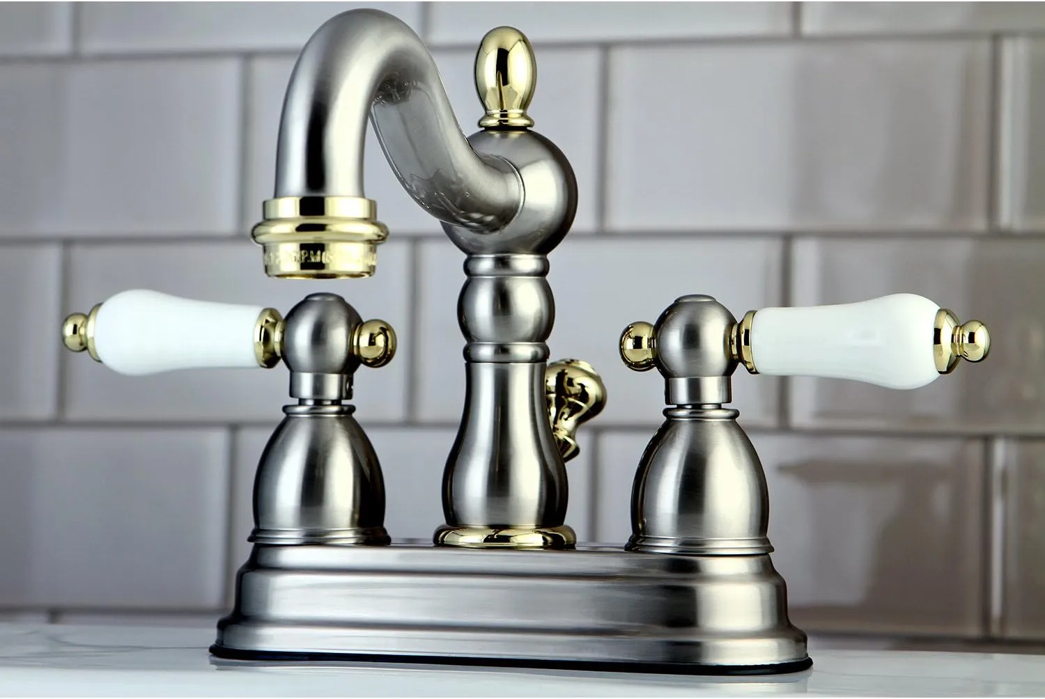 Kingston Brass KB1609PL Heritage 4-Inch Centerset Lavatory Faucet with Porcelain Lever Handle, Brushed Nickel and Polished Brass