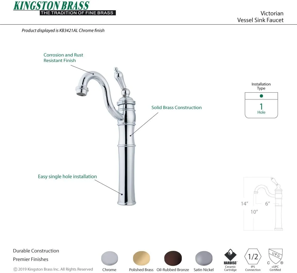 Kingston Brass KB3421AL Victorian Vessel Sink Faucet, Polished Chrome