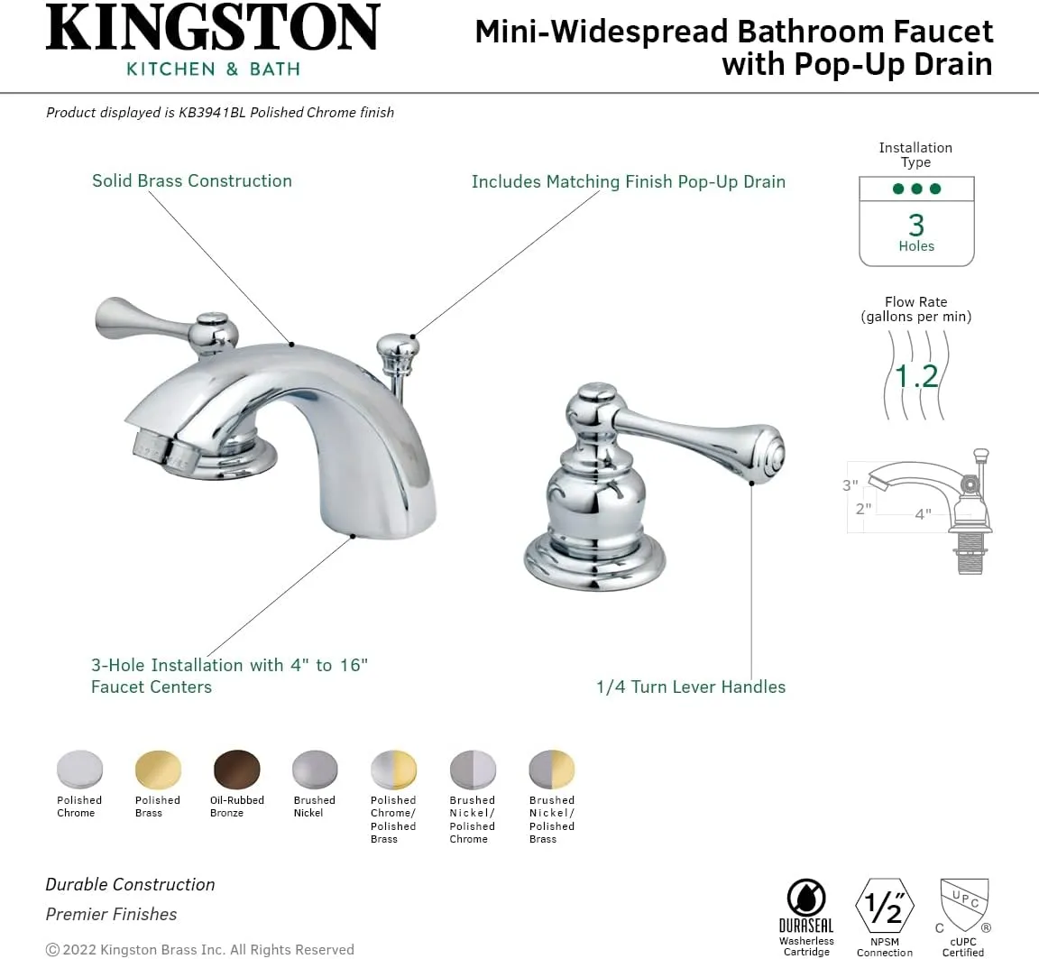 Kingston Brass KB3949BL Vintage Classic Mini Widespread Lavatory Faucet, Brushed Nickel and Polished Brass