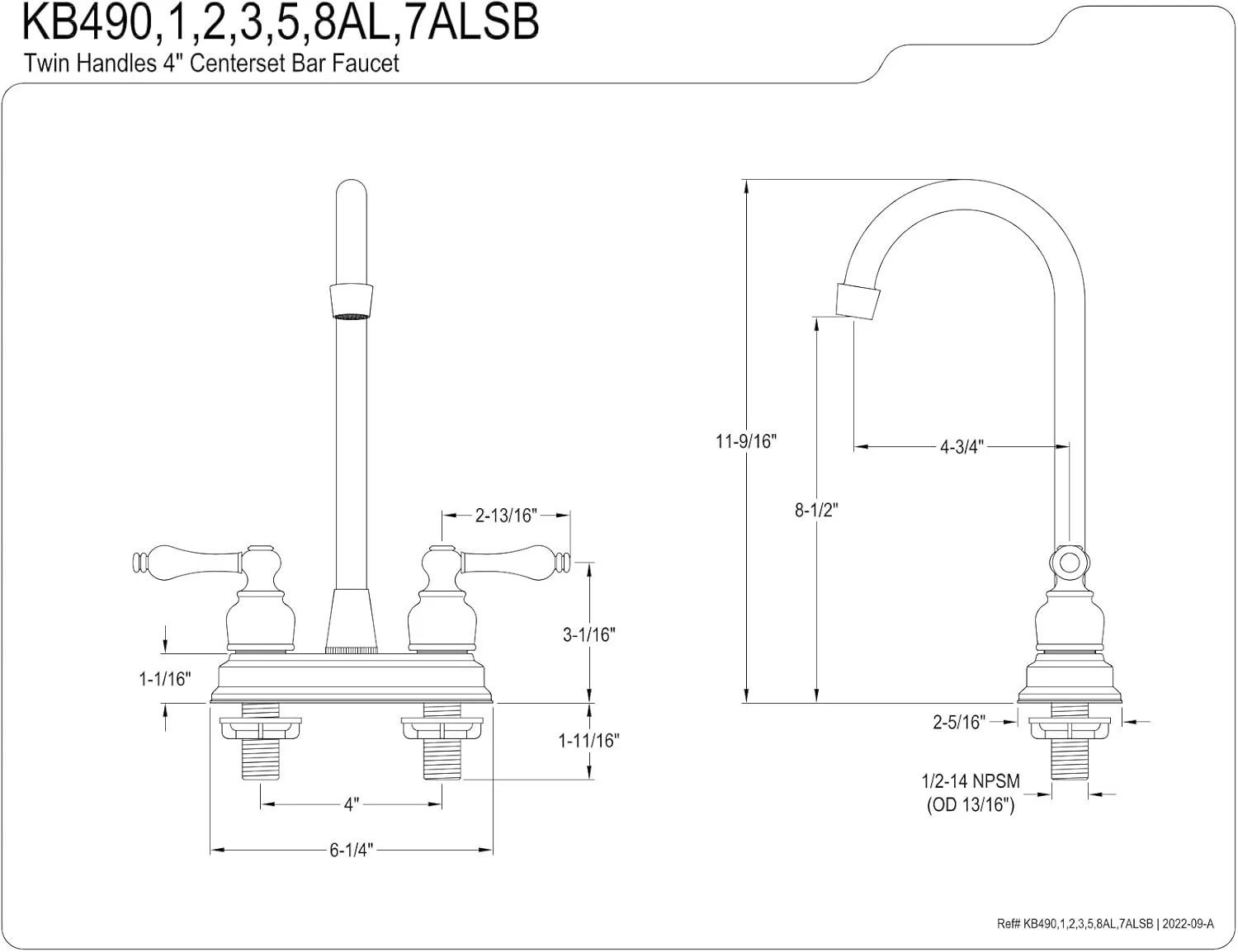 Kingston Brass KB491AL Victorian 4" Centerset bar Faucet, Polished Chrome