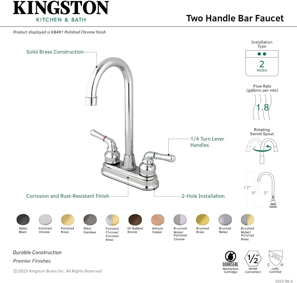 Kingston Brass KB497 Magellan Bar Faucet, 4-3/4", Brushed Nickel/Polished Chrome