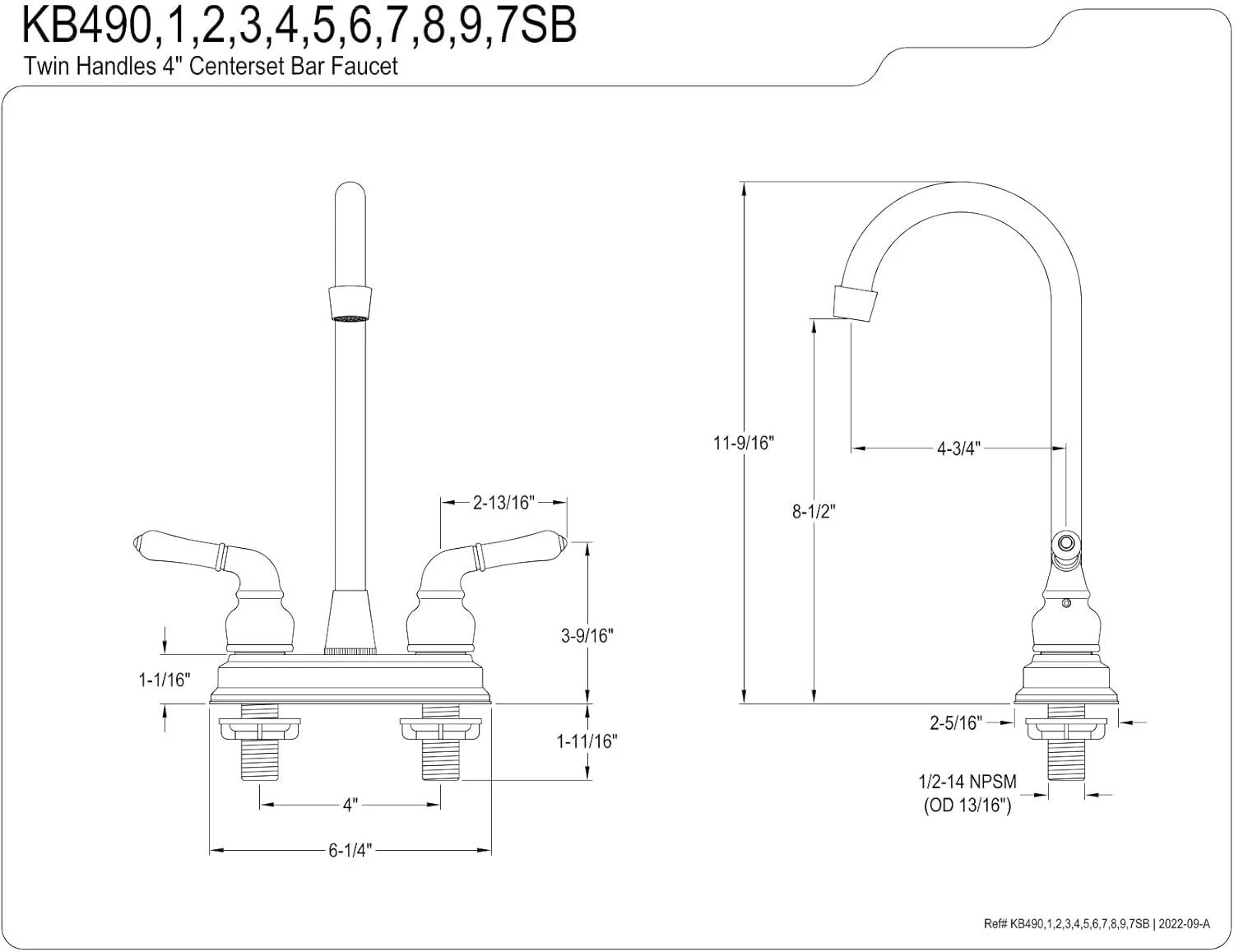 Kingston Brass KB497 Magellan Bar Faucet, 4-3/4", Brushed Nickel/Polished Chrome