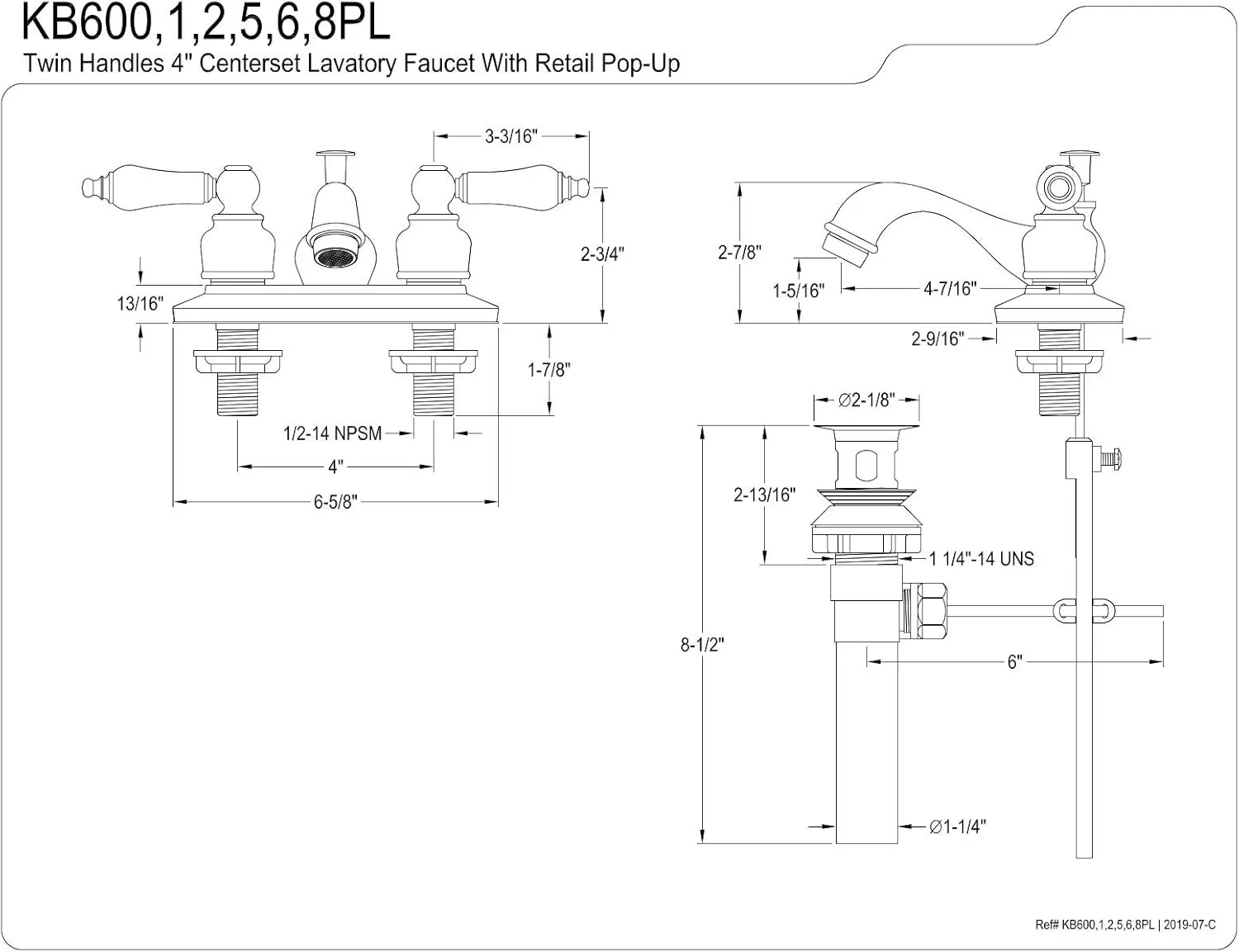 Kingston Brass KB602PL Restoration 4-Inch Centerset Lavatory Faucet with Porcelain Lever Handle, Polished Brass