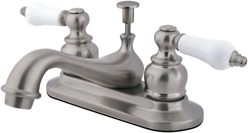 Kingston Brass KB608PL Restoration 4-Inch Centerset Lavatory Faucet with Porcelain Lever Handle, Brushed Nickel