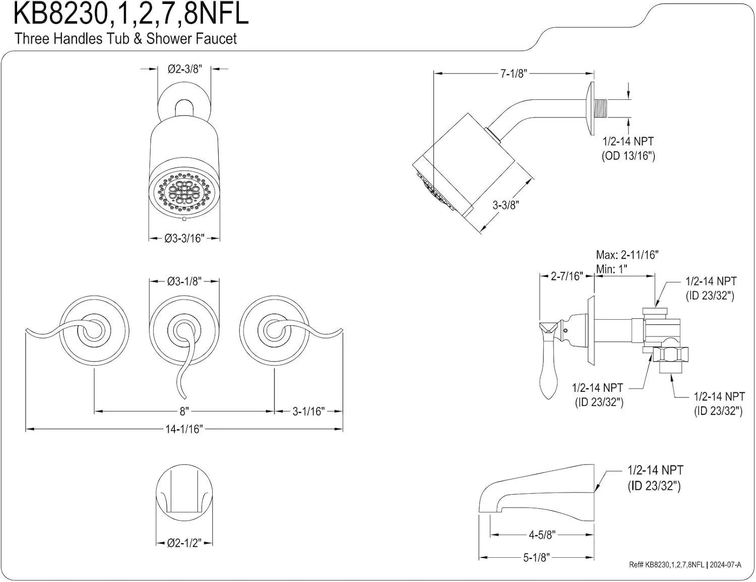 Kingston Brass KB8231NFL NuWave French 3 Handle Tub and Shower Faucet, Polished Chrome,3-1/8 inch Diameter Escutcheon