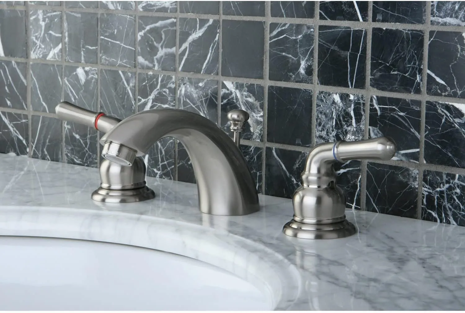 Kingston Brass KB954 Magellan II 4-Inch to 8-Inch Mini Widespread Lavatory Faucet with Metal lever handle, Polished Brass, Polished Chrome