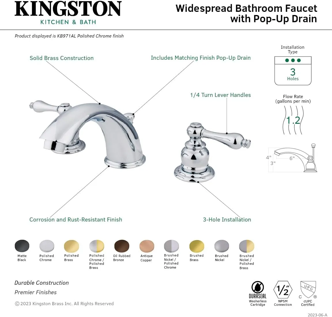 Kingston Brass KB974AL Victorian Widespread Lavatory Faucet with Metal lever handle, Polished Chrome and Polished Brass,8-Inch Adjustable Center