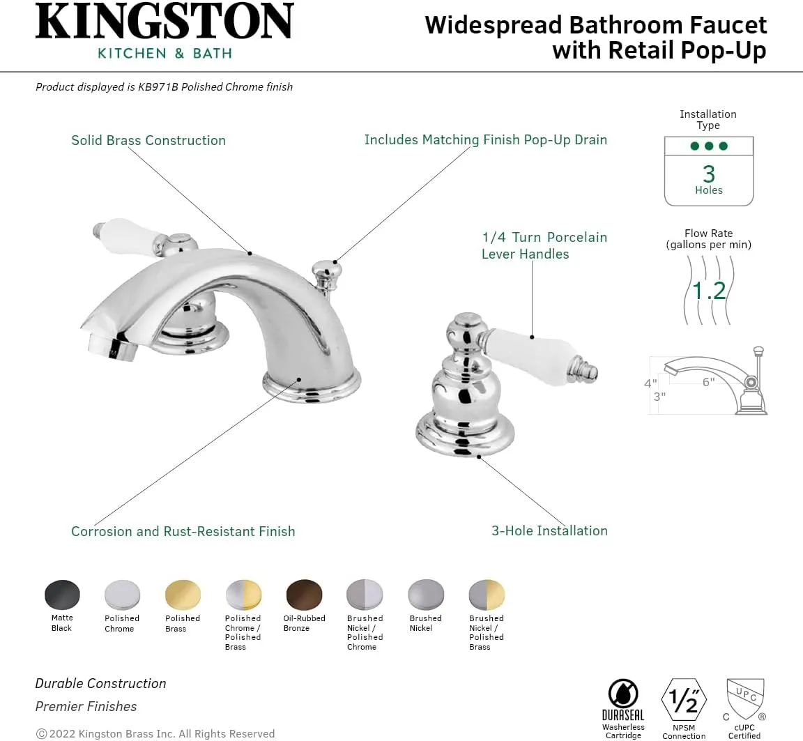 Kingston Brass KB979B Victorian Widespread Bathroom Faucet, 8-Inch Adjustable Center, Brushed Nickel/Polished Brass