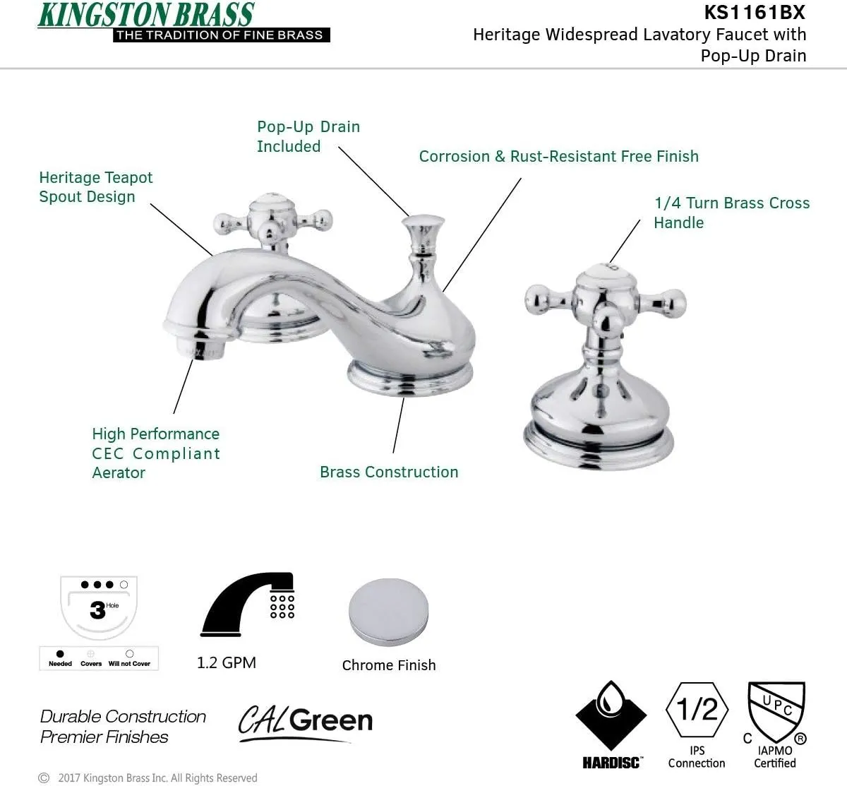 Kingston Brass KS1161BX Vintage Widespread Lavatory Faucet with Metal cross handle, Polished Chrome, 8-Inch Adjustable Center