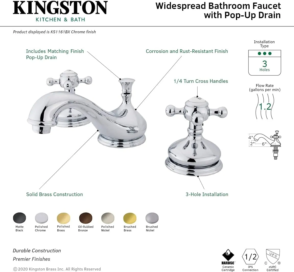 Kingston Brass KS1161BX Vintage Widespread Lavatory Faucet with Metal cross handle, Polished Chrome, 8-Inch Adjustable Center