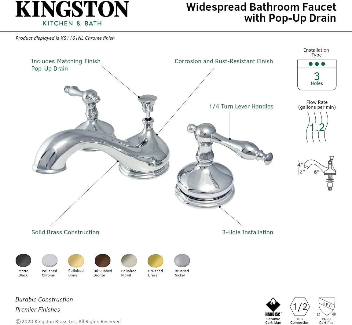 Kingston Brass KS1161NL Heritage Widespread Lavatory Faucet with Metal lever handle, Polished Chrome, 8-Inch Adjustable Center