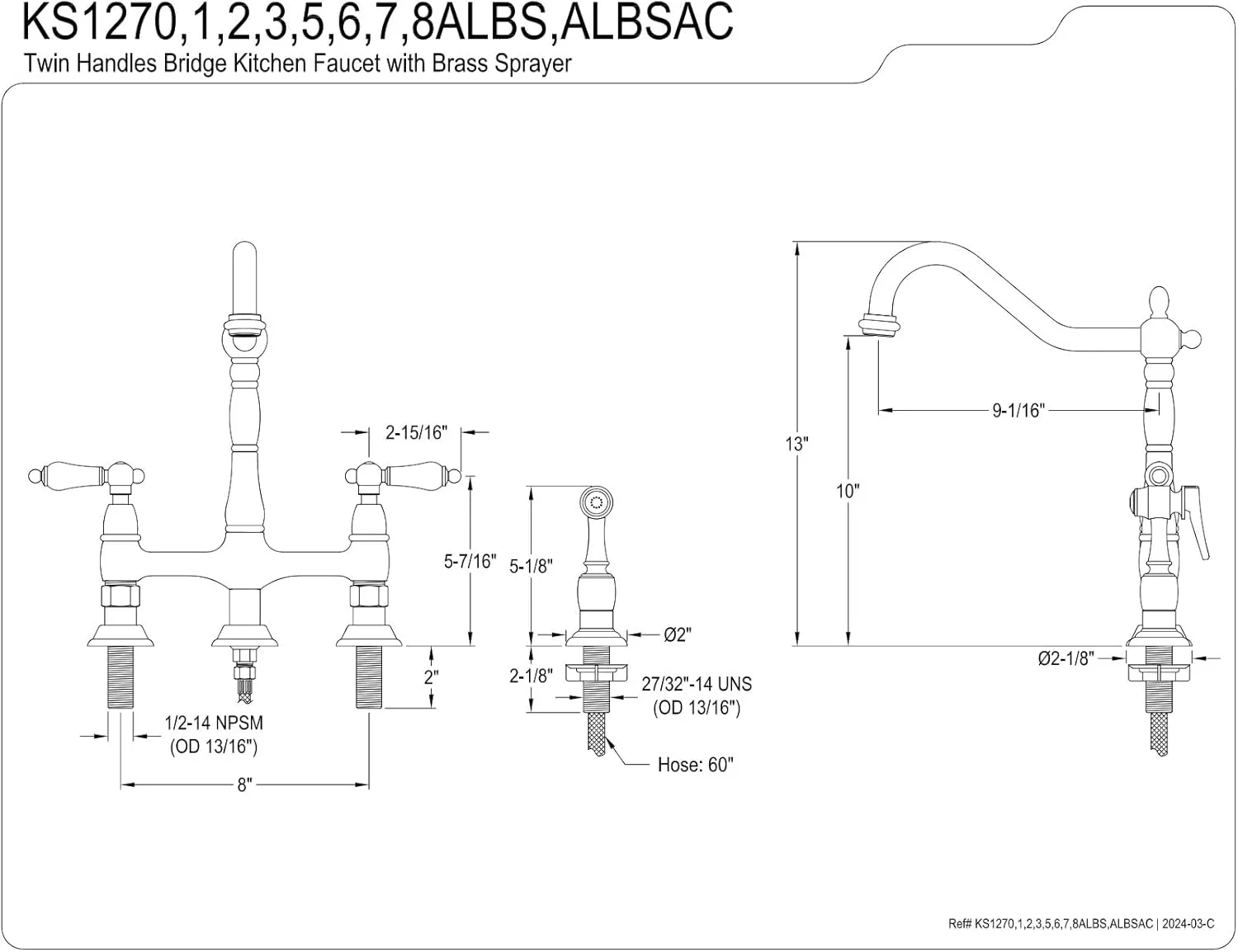 Kingston Brass KS1271ALBS Heritage Bridge Kitchen Faucet, 8-9/16", Polished Chrome