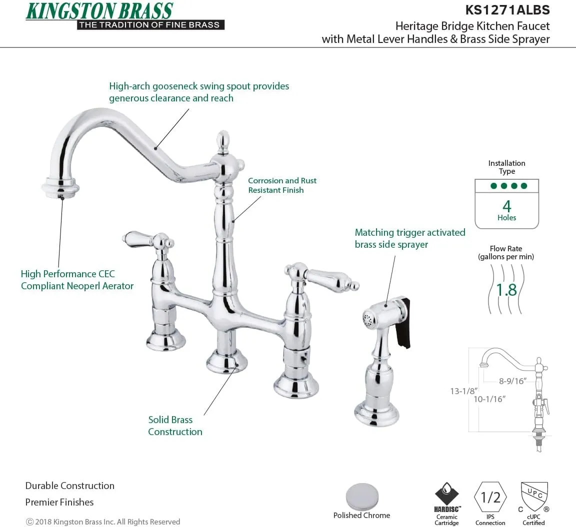 Kingston Brass KS1271ALBS Heritage Bridge Kitchen Faucet, 8-9/16", Polished Chrome