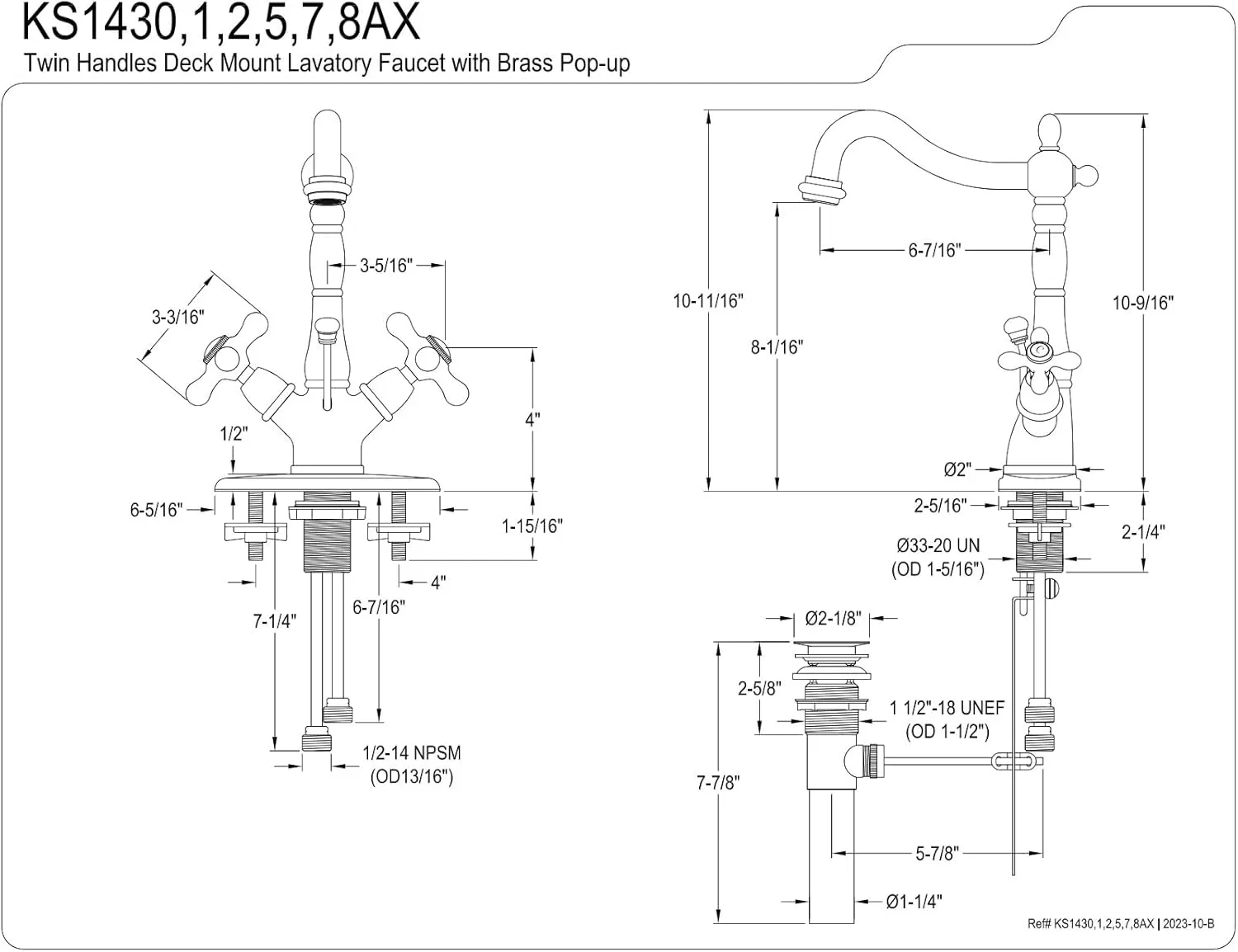 Kingston Brass KS1431AX Heritage Bathroom Faucet, 6-1/2-Inch, Polished Chrome