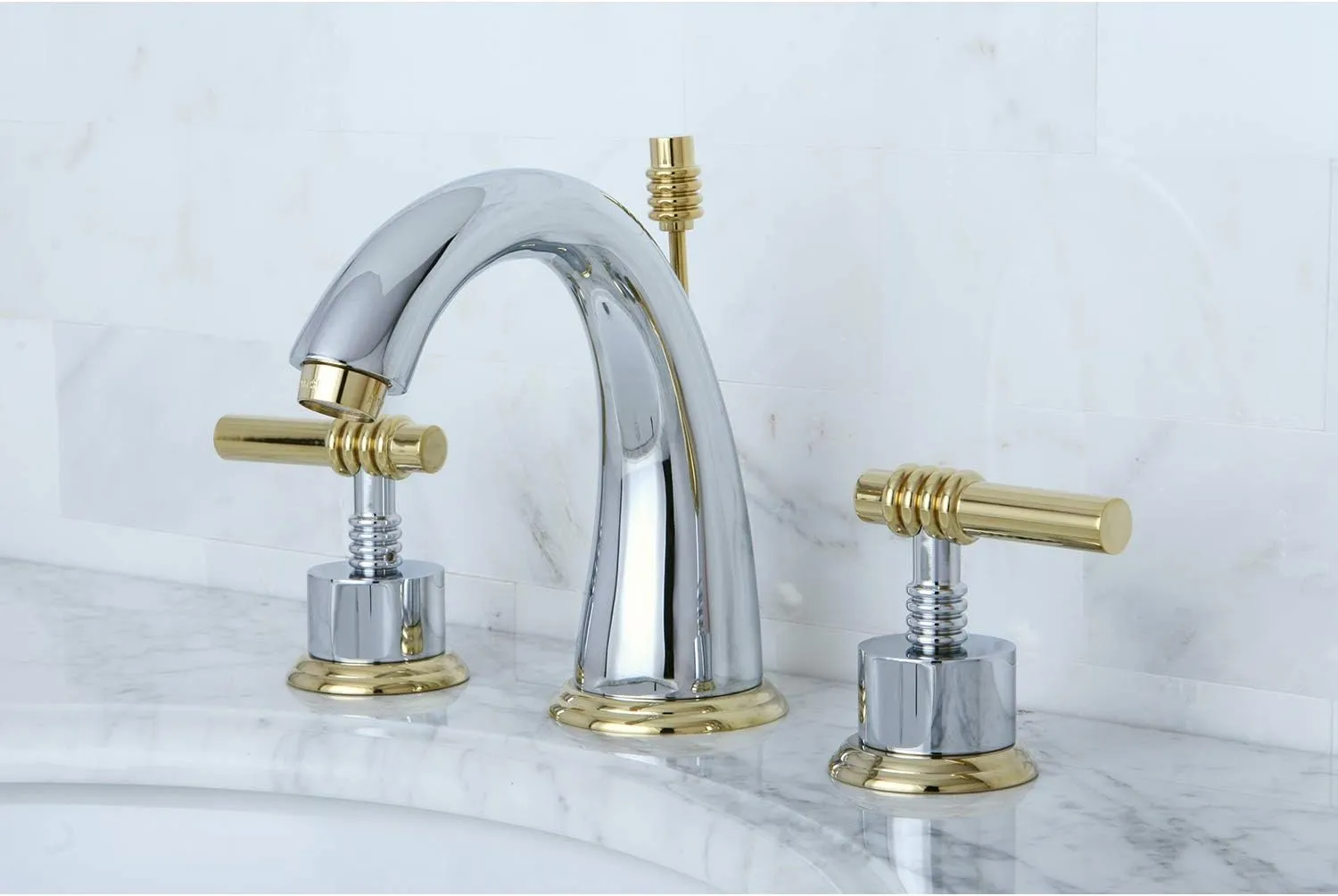 Kingston Brass KS2964ML Milano Widespread Lavatory Faucet with Metal lever handle, Polished Chrome and Polished Brass, 8-Inch Adjustable Center