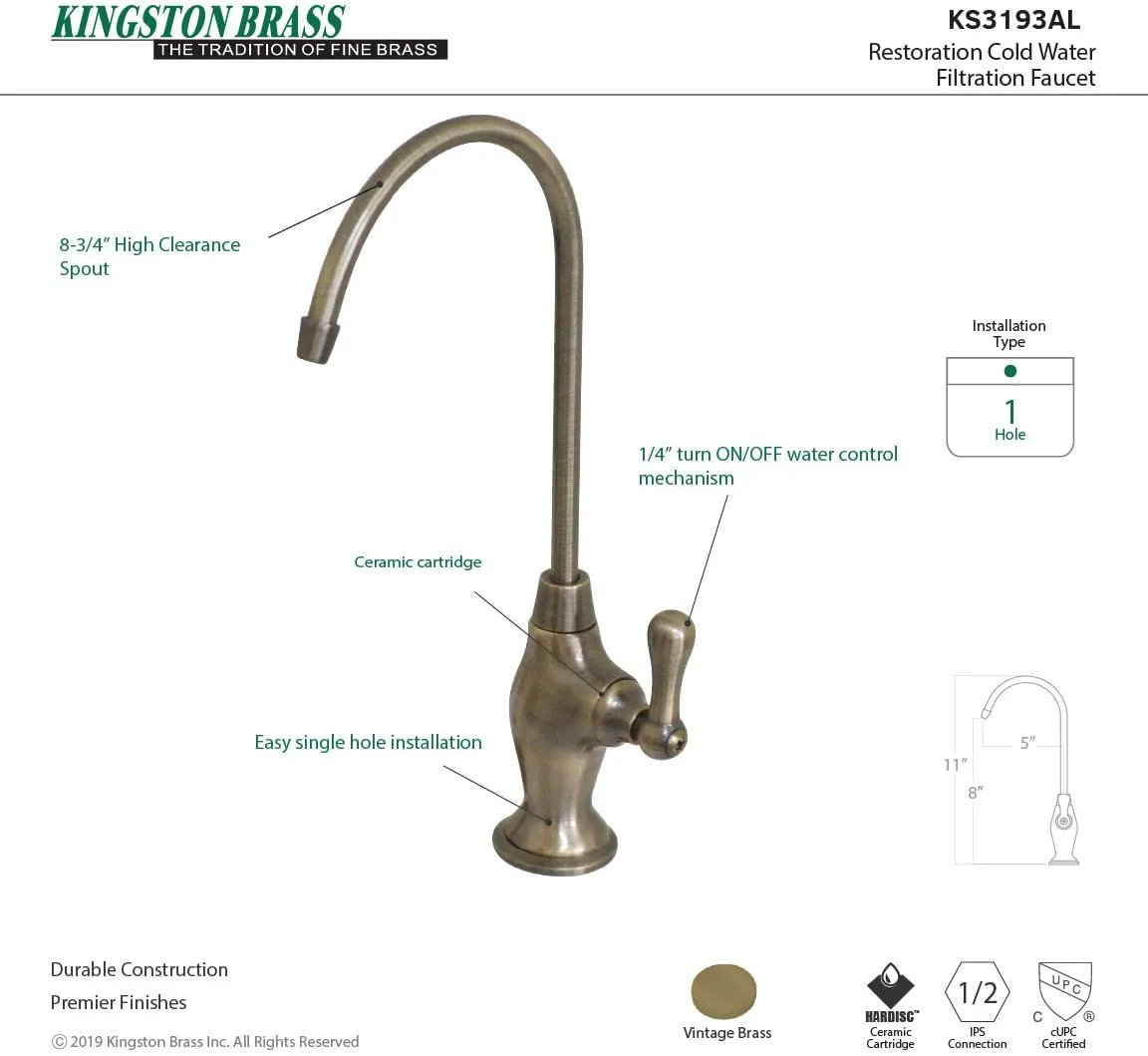 Kingston Brass KS3193AL Restoration Single Handle Water Filtration Faucet, Antique Brass, 10.81 x 4.63 x 1.75