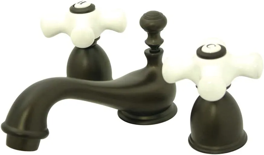 Kingston Brass KS3955PX Restoration Mini Widespread Lavatory Faucet with Porcelain Cross Handle, Oil Rubbed Bronze, 4-Inch Adjustable Center