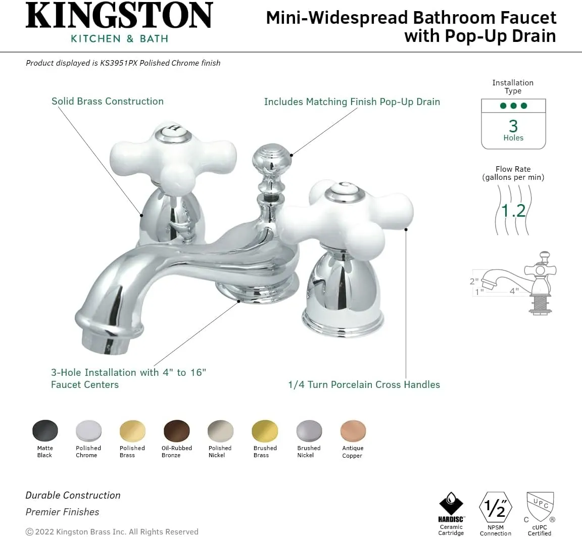Kingston Brass KS3955PX Restoration Mini Widespread Lavatory Faucet with Porcelain Cross Handle, Oil Rubbed Bronze, 4-Inch Adjustable Center