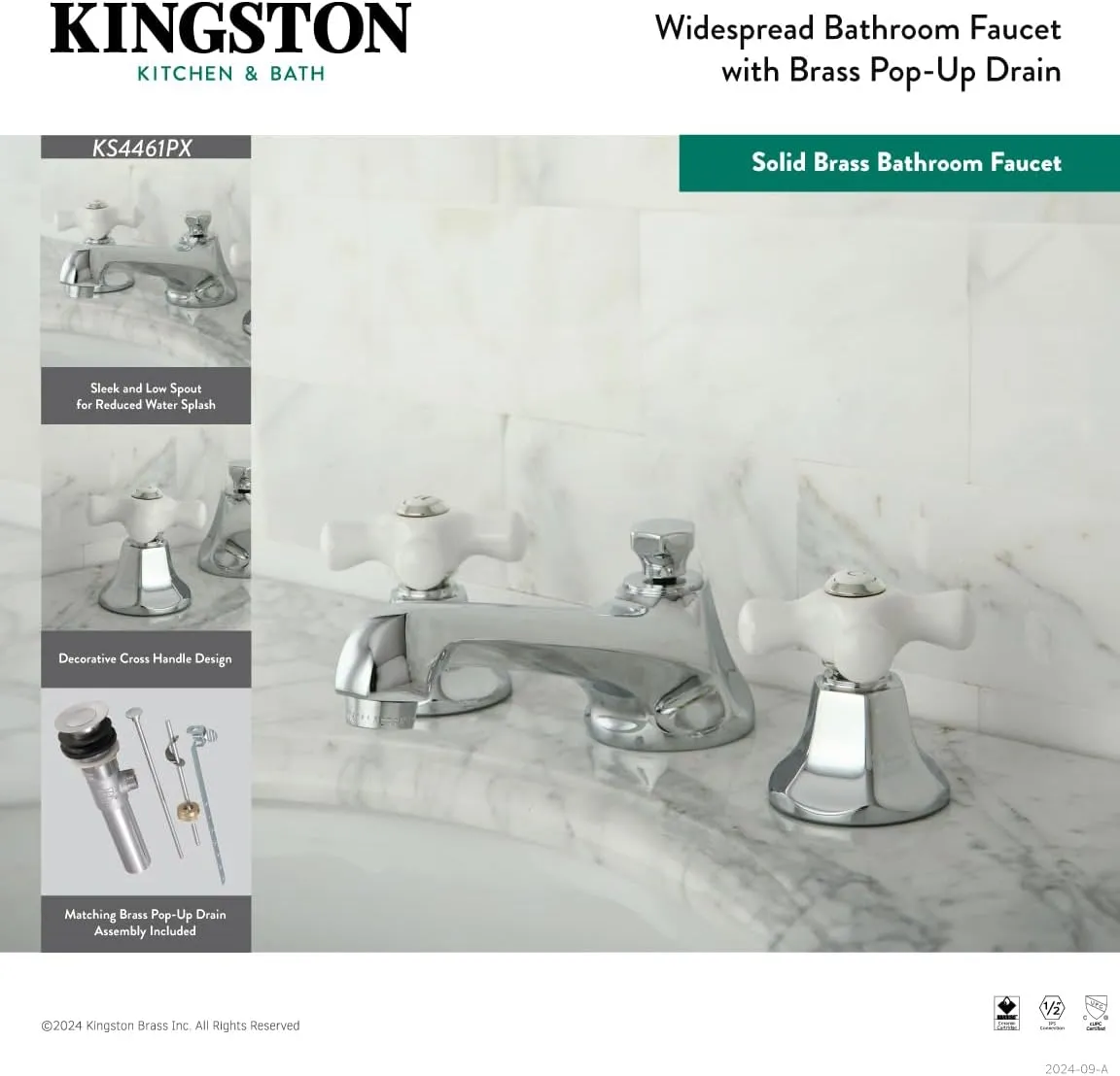 Kingston Brass KS4461PX Metropolitan Widespread Lavatory Faucet with Porcelain Cross Handle, Polished Chrome,8-Inch Adjustable Center