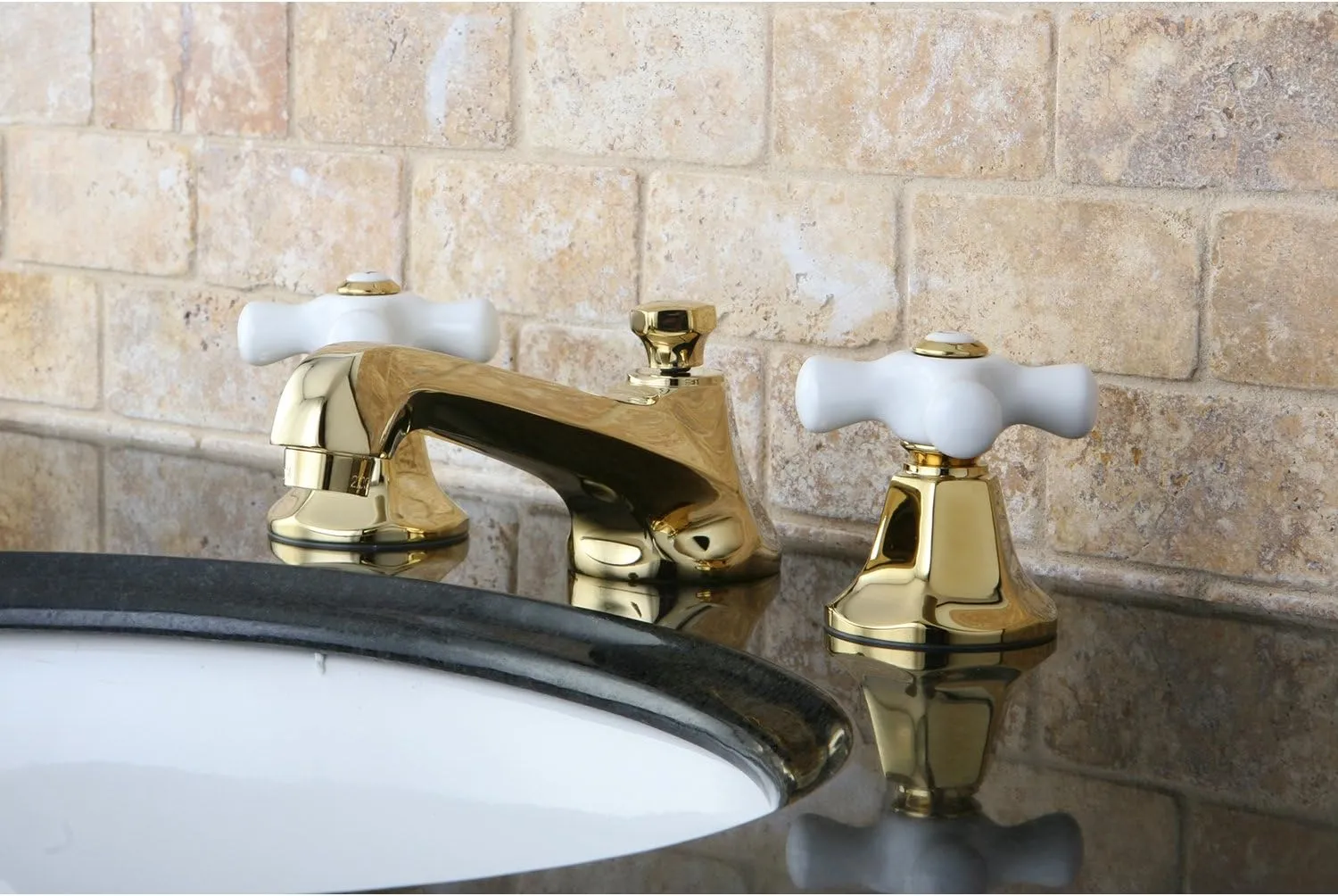 Kingston Brass KS4462PX Metropolitan Widespread Lavatory Faucet with Porcelain Cross Handle, Polished Brass