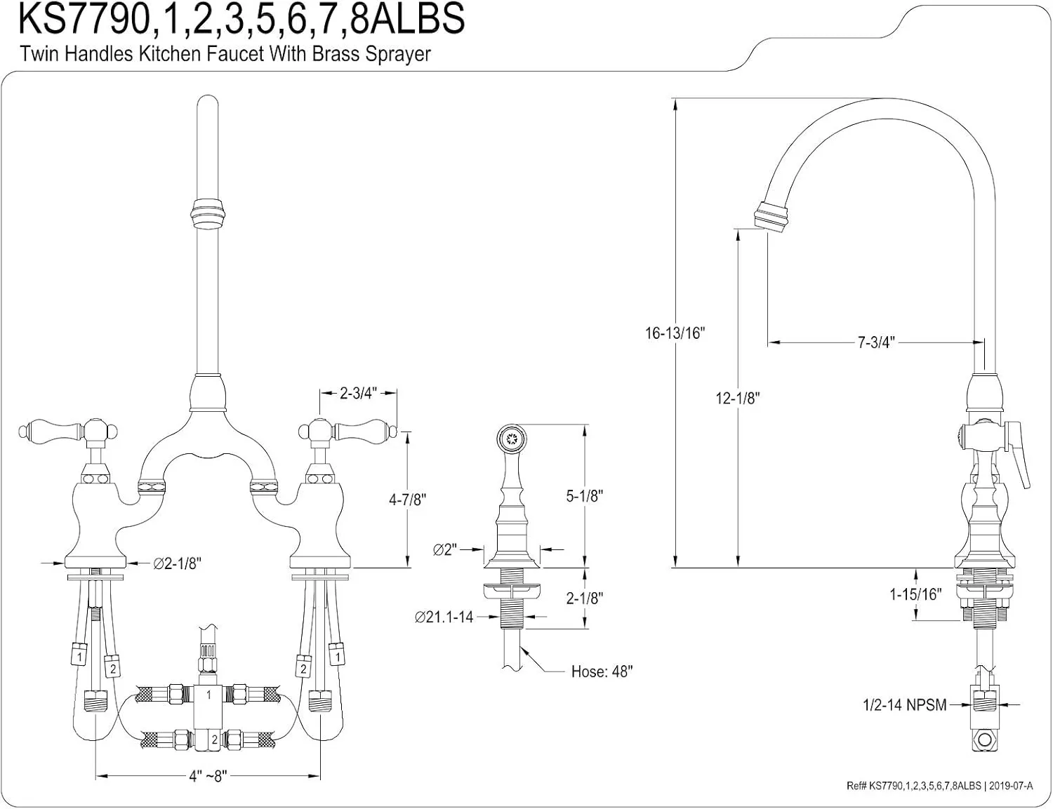 Kingston Brass KS7792ALBS English Country Bridge Kitchen Faucet, Polished Brass, 13.5 x 7.75 x 16.81