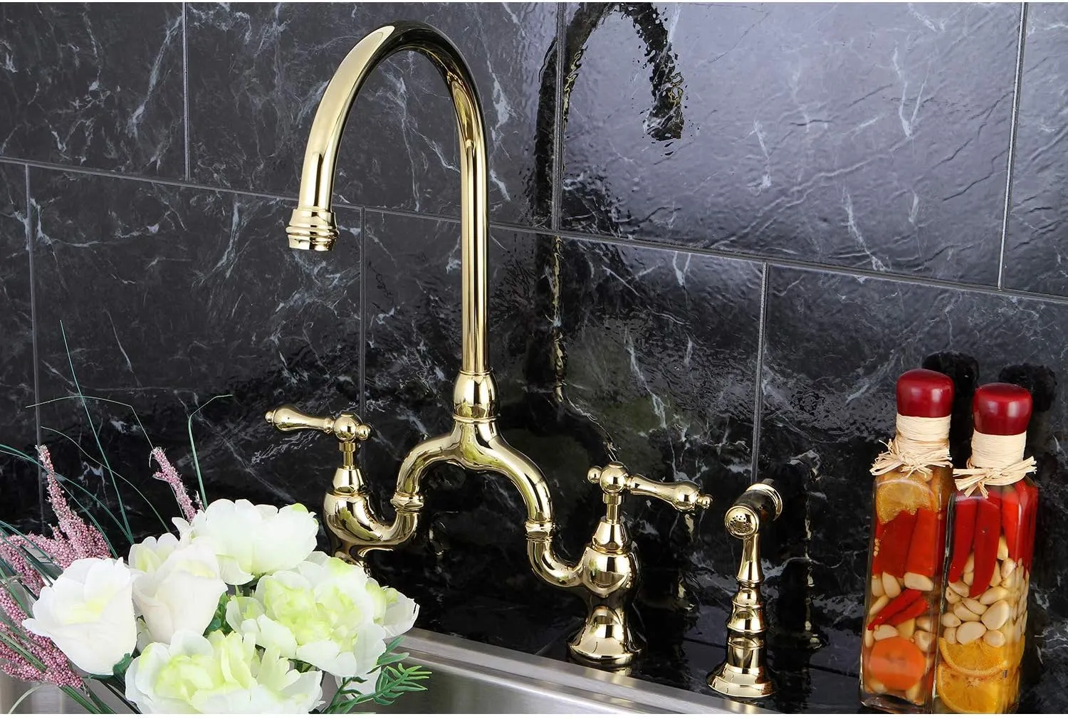Kingston Brass KS7792ALBS English Country Bridge Kitchen Faucet, Polished Brass, 13.5 x 7.75 x 16.81