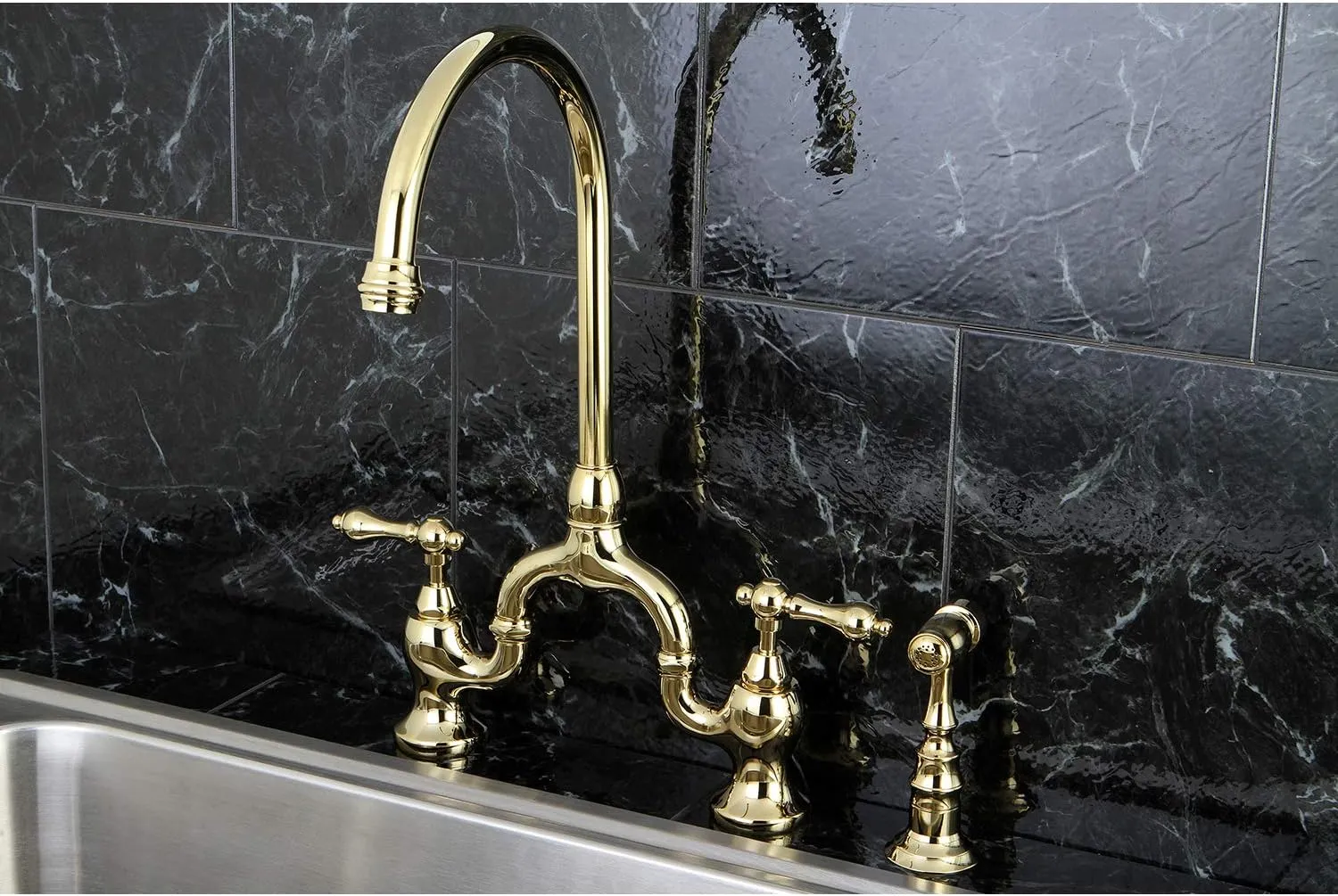 Kingston Brass KS7792ALBS English Country Bridge Kitchen Faucet, Polished Brass, 13.5 x 7.75 x 16.81