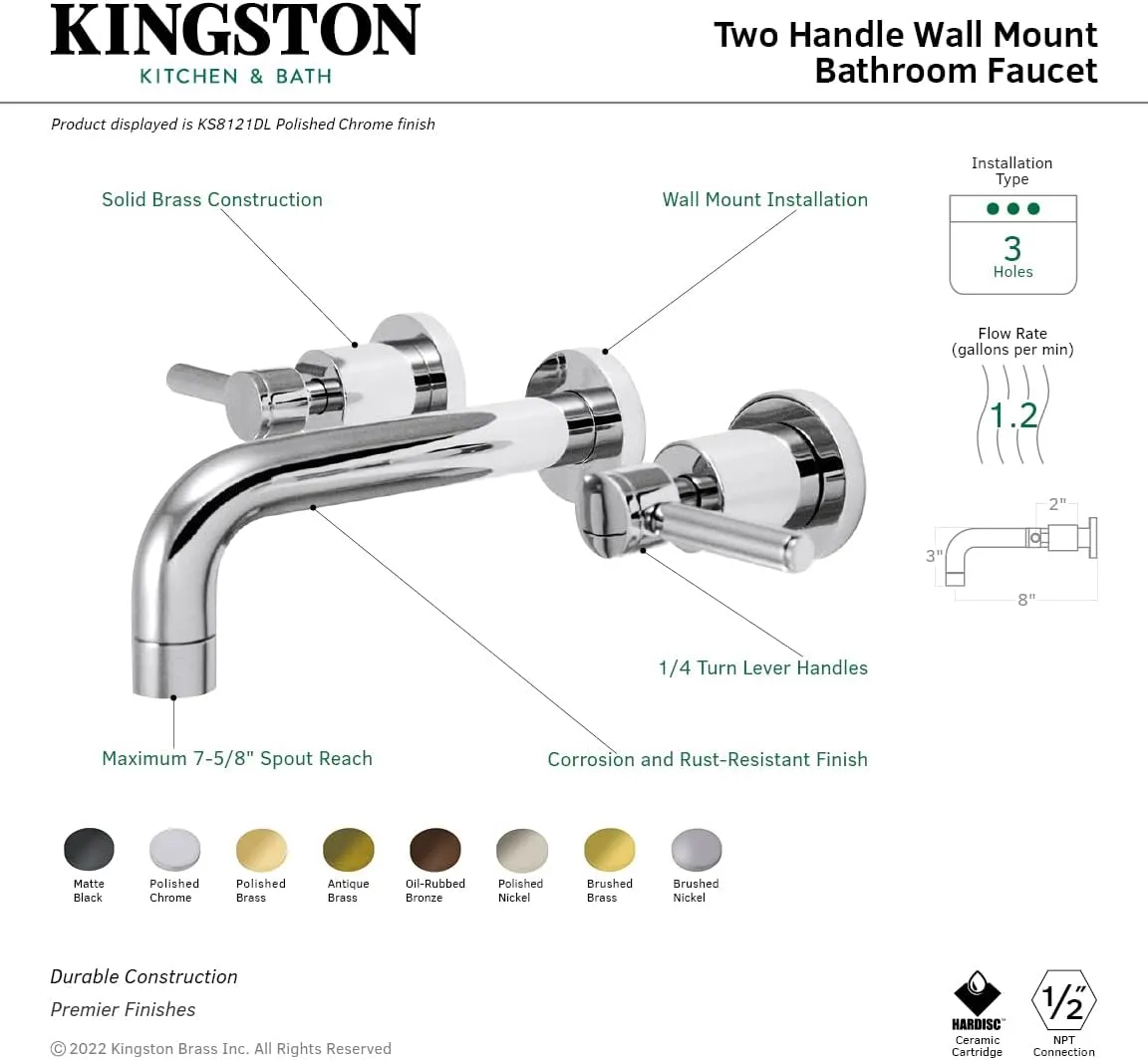 Kingston Brass KS8121DL Concord Bathroom Faucet, 8" Spout Reach, Polished Chrome