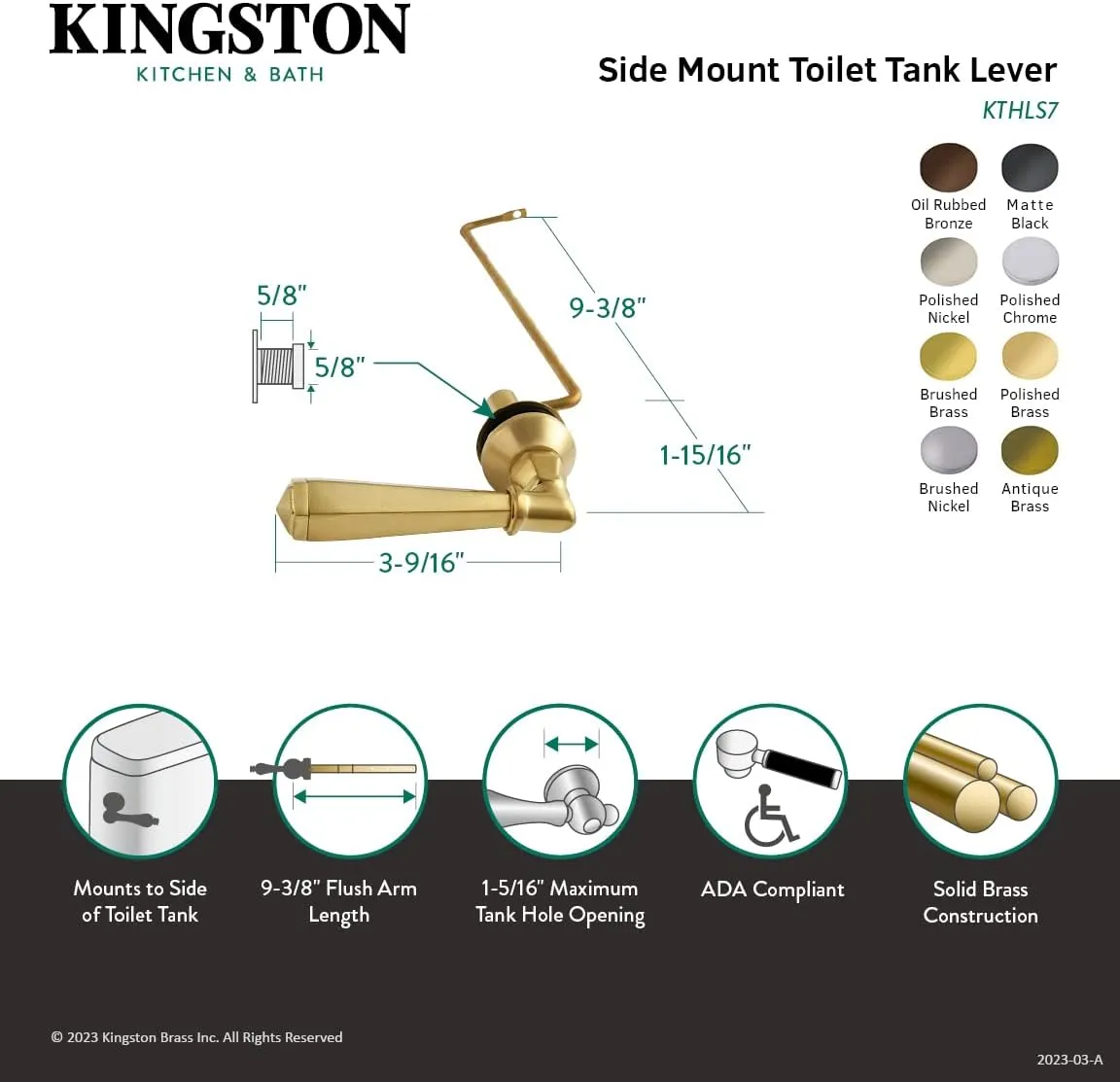 Kingston Brass KTHLS3 Metropolitan Side Mount Toilet Tank Lever, Antique Brass 9.38 x 3.56 x 1.94