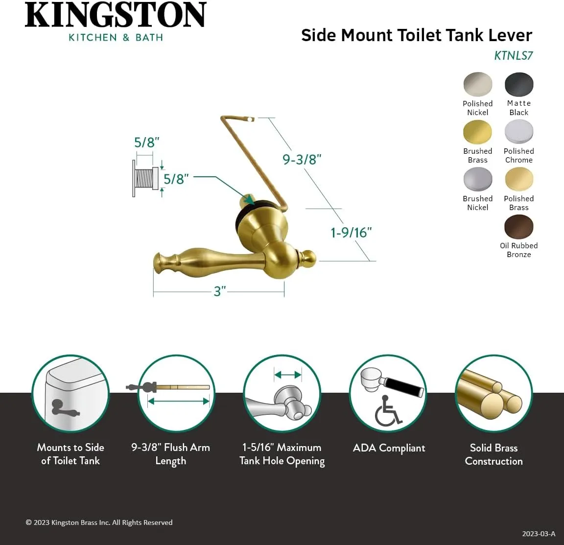 Kingston Brass KTNLS2 Naples Side Mount Toilet Tank Lever, Polished Brass