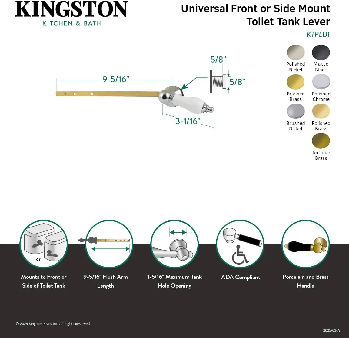 Kingston Brass KTPLD6 Victorian Universal Front or Side Mount Toilet Tank Lever, Polished Nickel