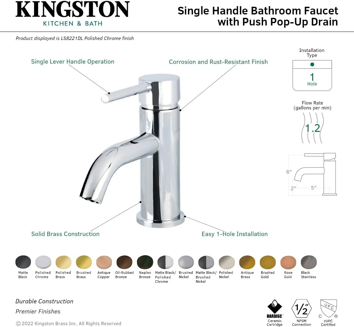 Kingston Brass LS8222DL Concord Single-Handle Bathroom Faucet with Push Pop-Up, 4-7/8 inch spout reach, Polished Brass