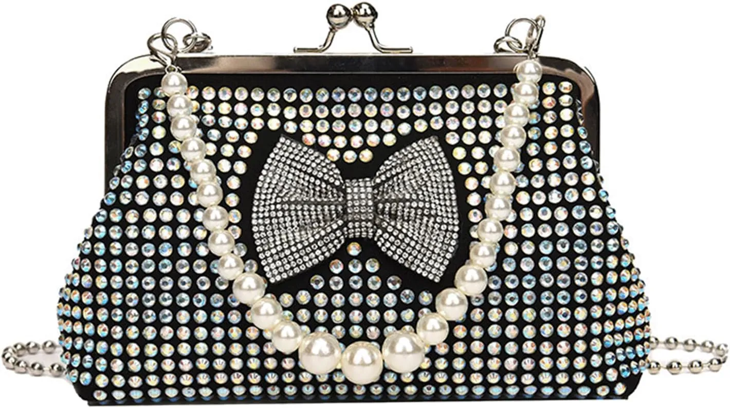 Kiss Lock Purse and Handbag for Women Rhinestone Crossbody Bag Bow Pearl Chain Handbags Kiss Clasp Tote Shoulder Bags