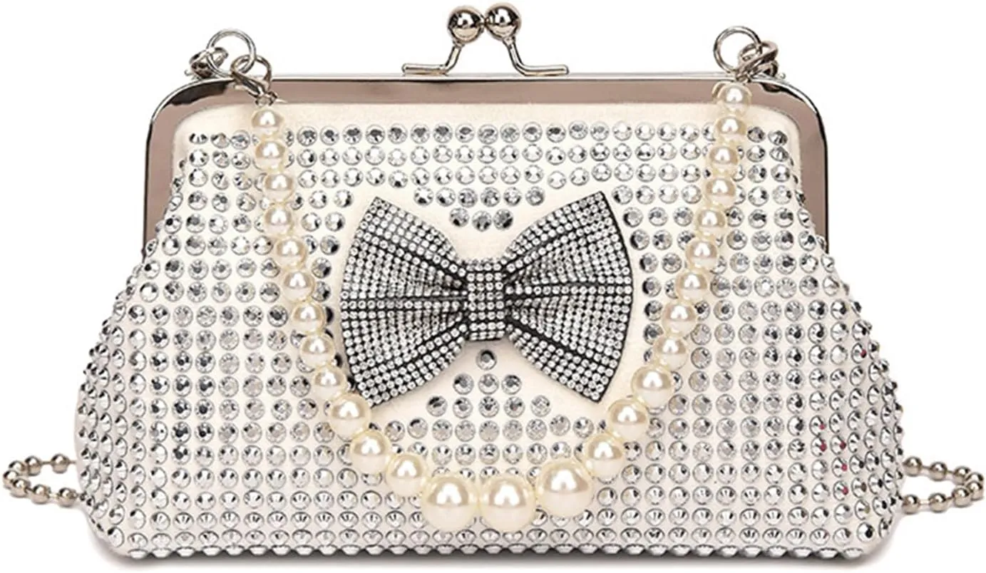 Kiss Lock Purse and Handbag for Women Rhinestone Crossbody Bag Bow Pearl Chain Handbags Kiss Clasp Tote Shoulder Bags