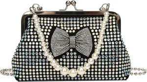 Kiss Lock Purse and Handbag for Women Rhinestone Crossbody Bag Bow Pearl Chain Handbags Kiss Clasp Tote Shoulder Bags