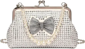 Kiss Lock Purse and Handbag for Women Rhinestone Crossbody Bag Bow Pearl Chain Handbags Kiss Clasp Tote Shoulder Bags