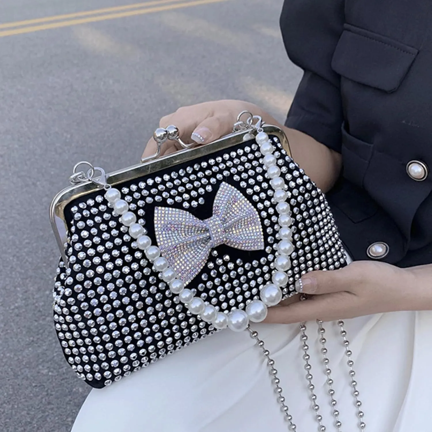 Kiss Lock Purse and Handbag for Women Rhinestone Crossbody Bag Bow Pearl Chain Handbags Kiss Clasp Tote Shoulder Bags