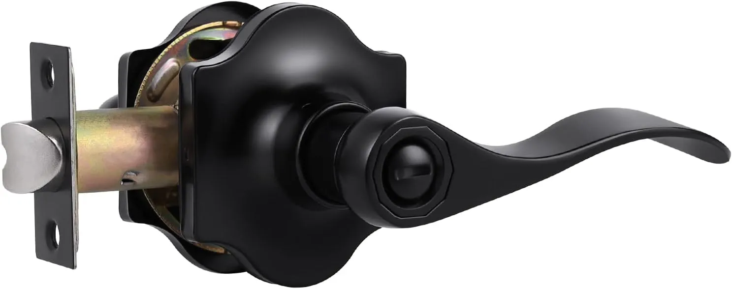KNOBWELL Classic Privacy Door Handle Interior, Keyless Inside Door Levers with Lock for Bedroom/Bathroom, Antique Arch Matte Black Door Handle Wave Style