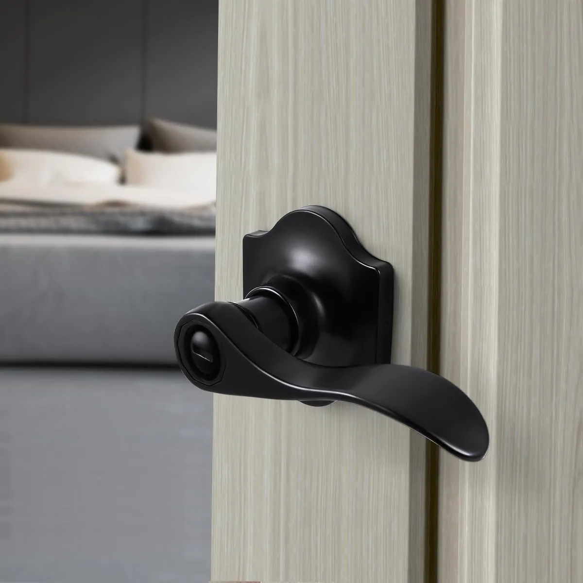KNOBWELL Classic Privacy Door Handle Interior, Keyless Inside Door Levers with Lock for Bedroom/Bathroom, Antique Arch Matte Black Door Handle Wave Style
