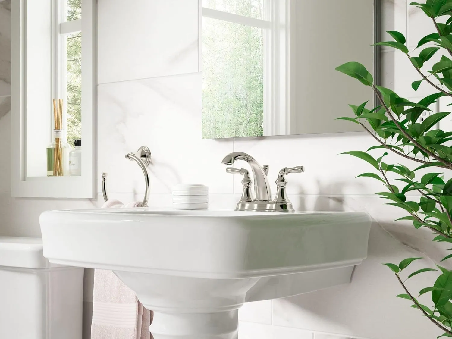 KOHLER 393-N4-CP Devonshire Centerset 4 inch Bathroom Faucet with Pop-Up Drain Assembly, 2-Handle Bathroom Sink Faucet, 1.2 gpm, Polished Chrome
