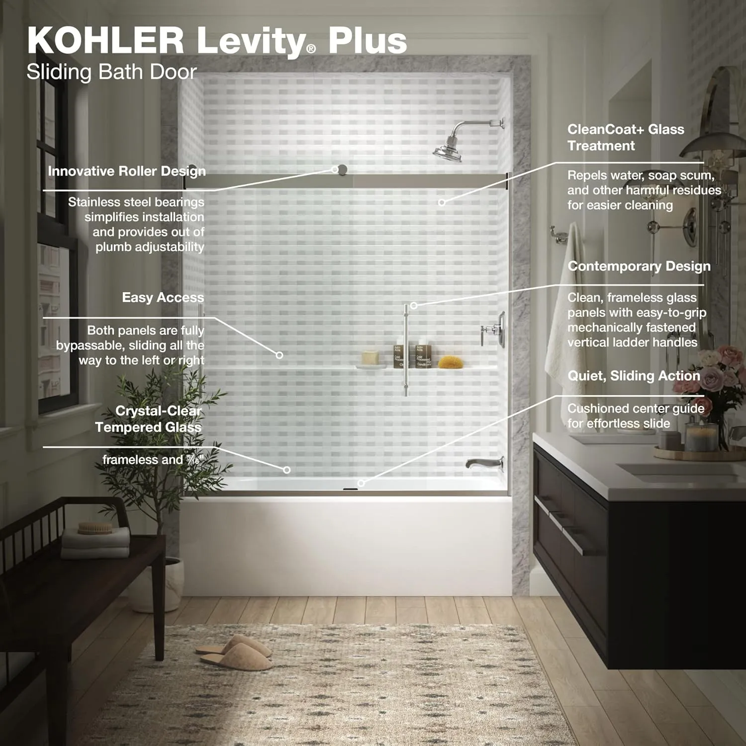 KOHLER 702419-L-SHP LEVITY™ PLUS 5/16 BATH DOOR 62x59-5/8 with Vertical Ladder Handle in Polished Silver
