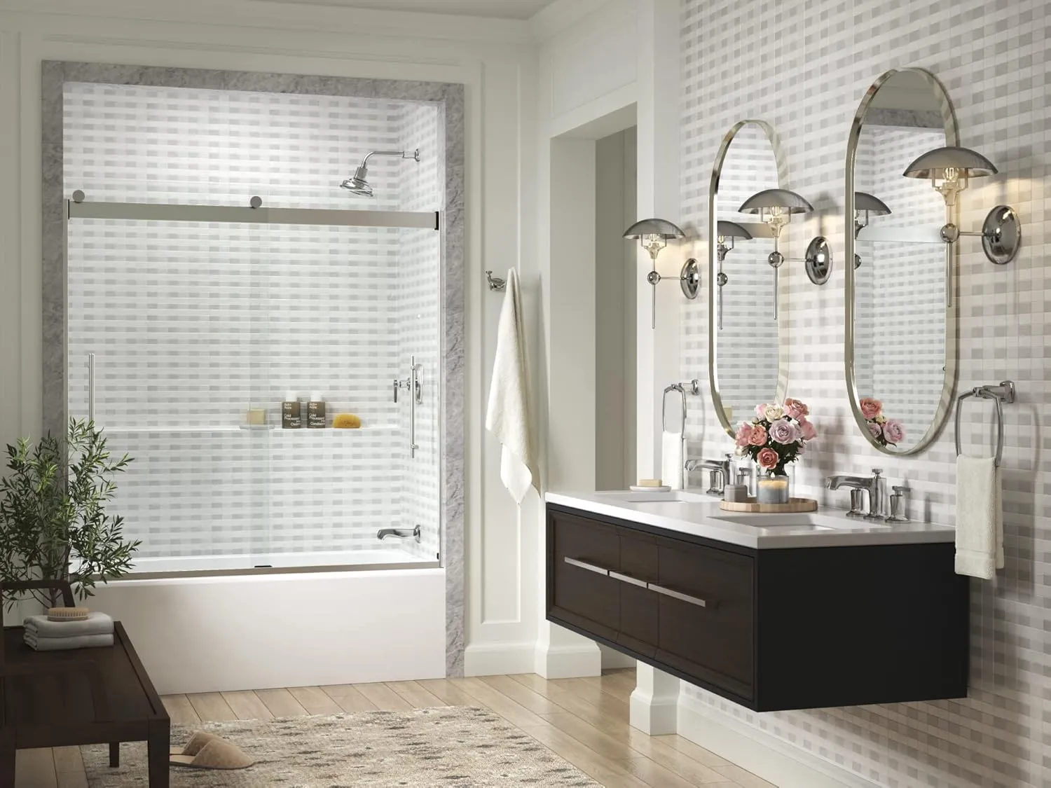KOHLER 702419-L-SHP LEVITY™ PLUS 5/16 BATH DOOR 62x59-5/8 with Vertical Ladder Handle in Polished Silver