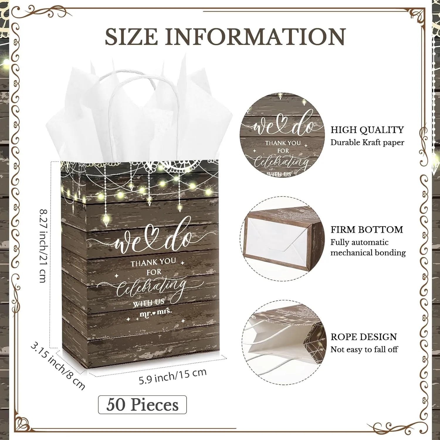 Kolldenn 50 Set Small Wedding Gift Bags with Tissue Paper Wedding Welcome Favor Paper Bags for Guests with Handles Thank You Bridal Shower Hotel Small Size 5.91 x 3.15 x 8.27 Inches