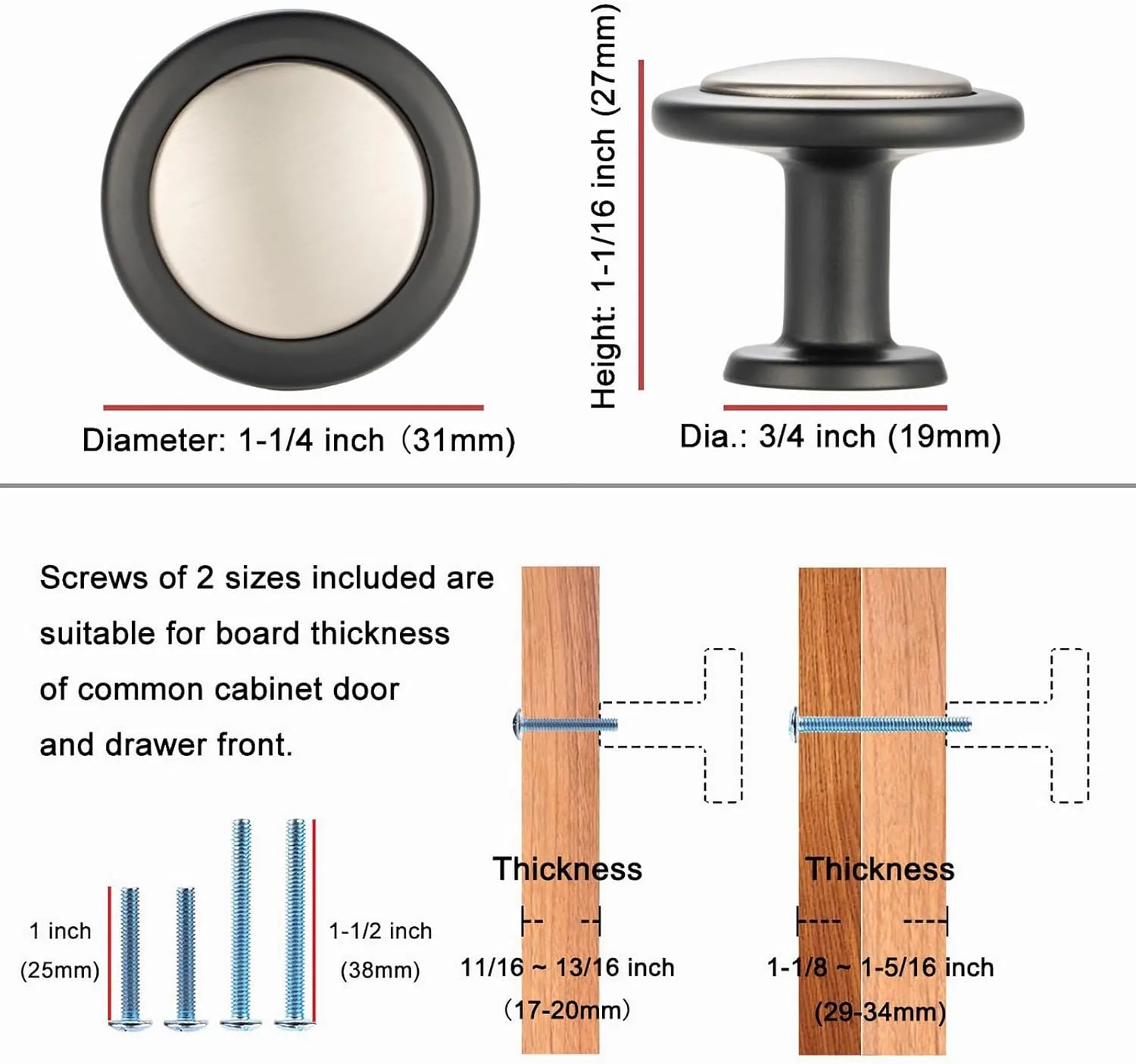 KOOFIZO Black and Chrome Cabinet Knobs, 10-Pack Round Cabinet Pulls Kitchen Handles (Dia.1-1/5 Inch), 2 Color Hardware for Kitchen Door, Bedroom Dresser Drawer, Bathroom Vanity, Cupboard