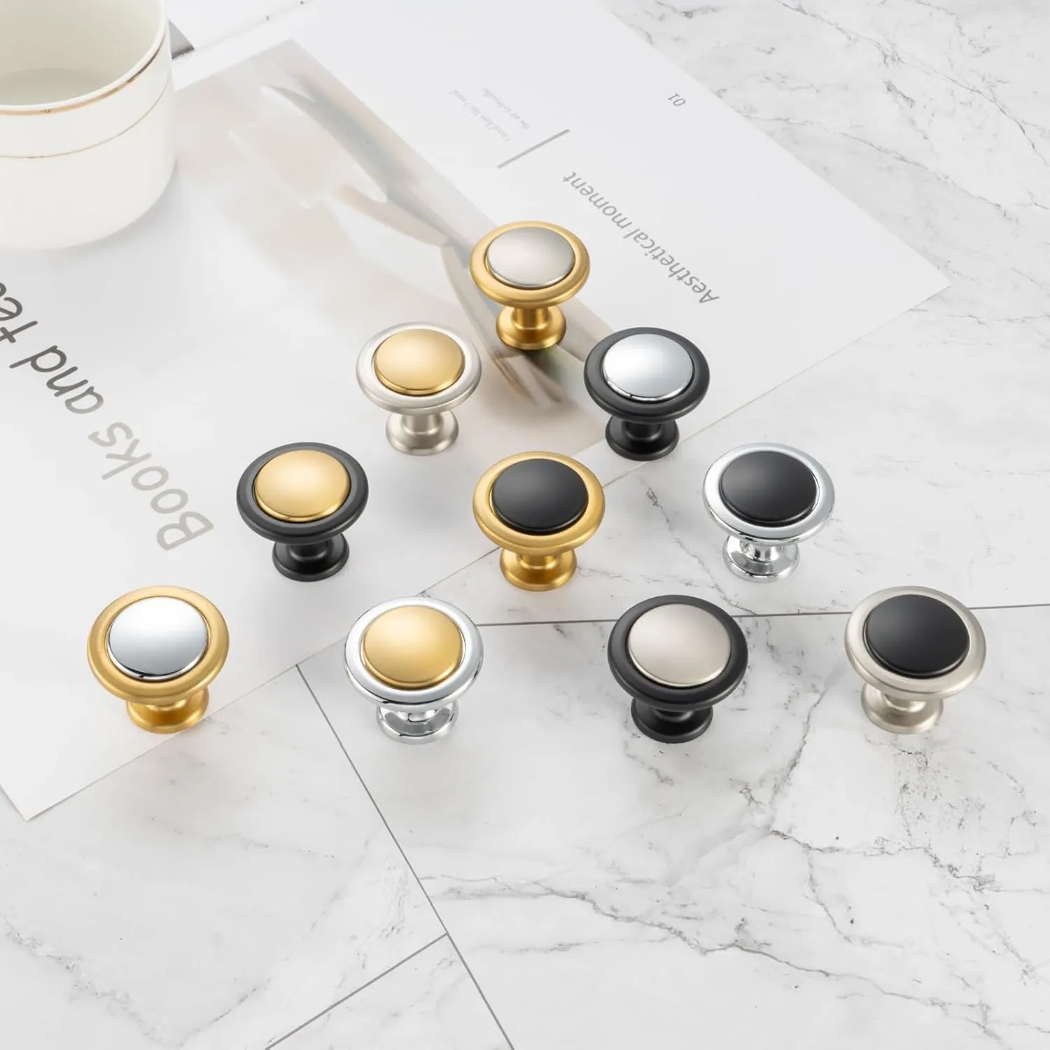 KOOFIZO Black and Chrome Cabinet Knobs, 10-Pack Round Cabinet Pulls Kitchen Handles (Dia.1-1/5 Inch), 2 Color Hardware for Kitchen Door, Bedroom Dresser Drawer, Bathroom Vanity, Cupboard