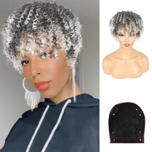 KRSI Gray Curly Hair Topper with Bangs Clip in Hair Extensions for Black Women Finger Coil Hair Afro Wig Mens Hair Piece Unite Hair Products Salt and Pepper Wigs for Women Toupee for Men(1B/Gray)