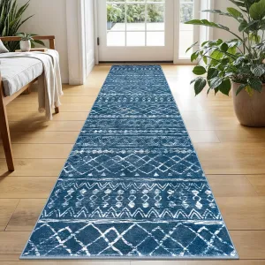 KUTA Moroccan Washable Hallway Runner Rug, 2x6 Non-Slip Vintage Blue Boho Rugs Kitchen Runners Ultra Soft Distressed Geometric Floor Carpet for Bedroom Laundry Living Room