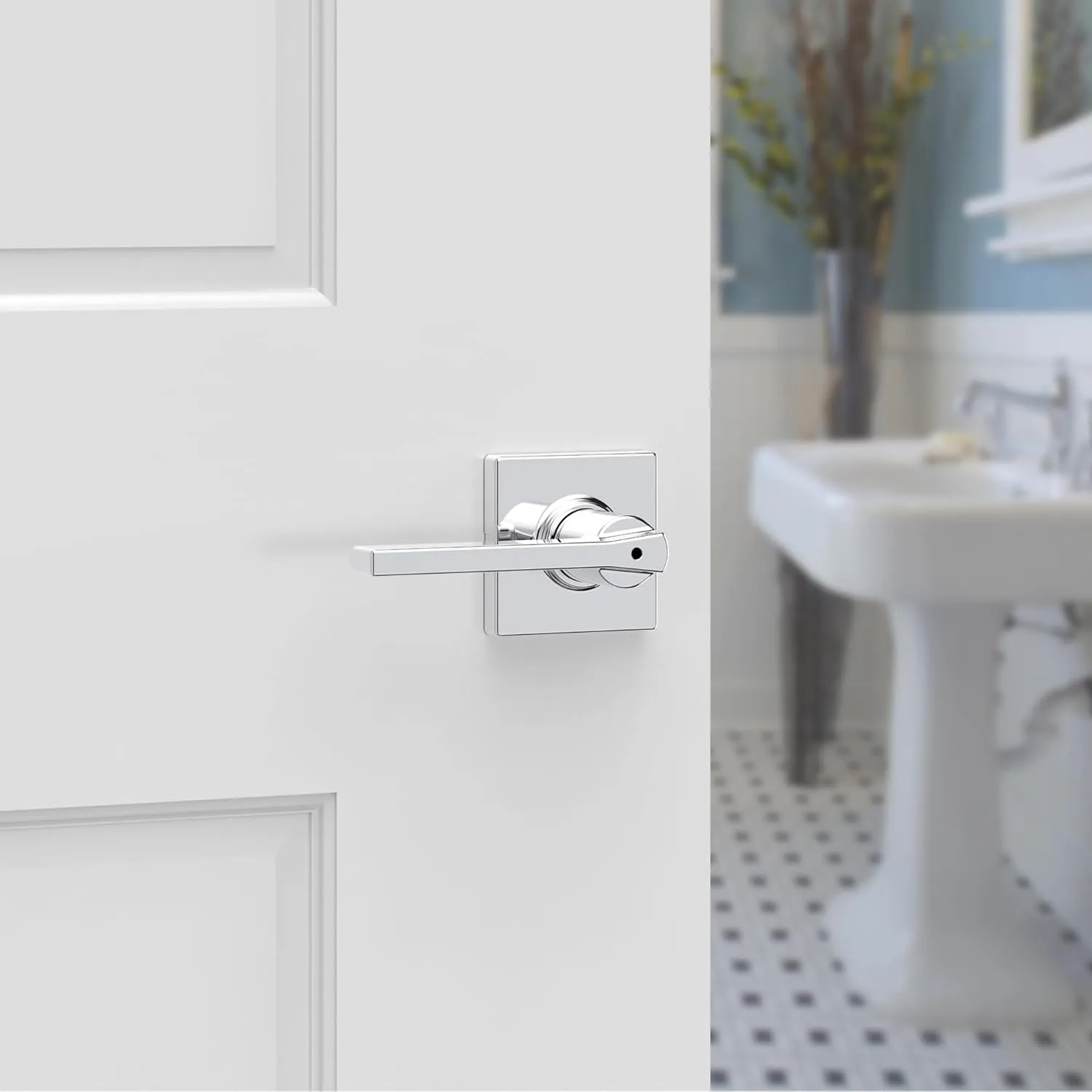 Kwikset Casey Interior Privacy Door Handle with Lock, Door Lever For Bathroom and Bedroom, Polished Chrome Reversible Keyless Turn Lock