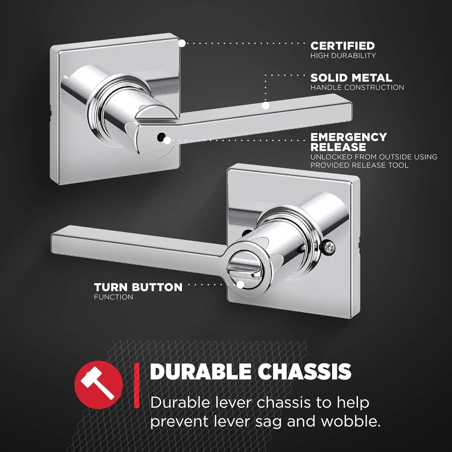 Kwikset Casey Interior Privacy Door Handle with Lock, Door Lever For Bathroom and Bedroom, Polished Chrome Reversible Keyless Turn Lock