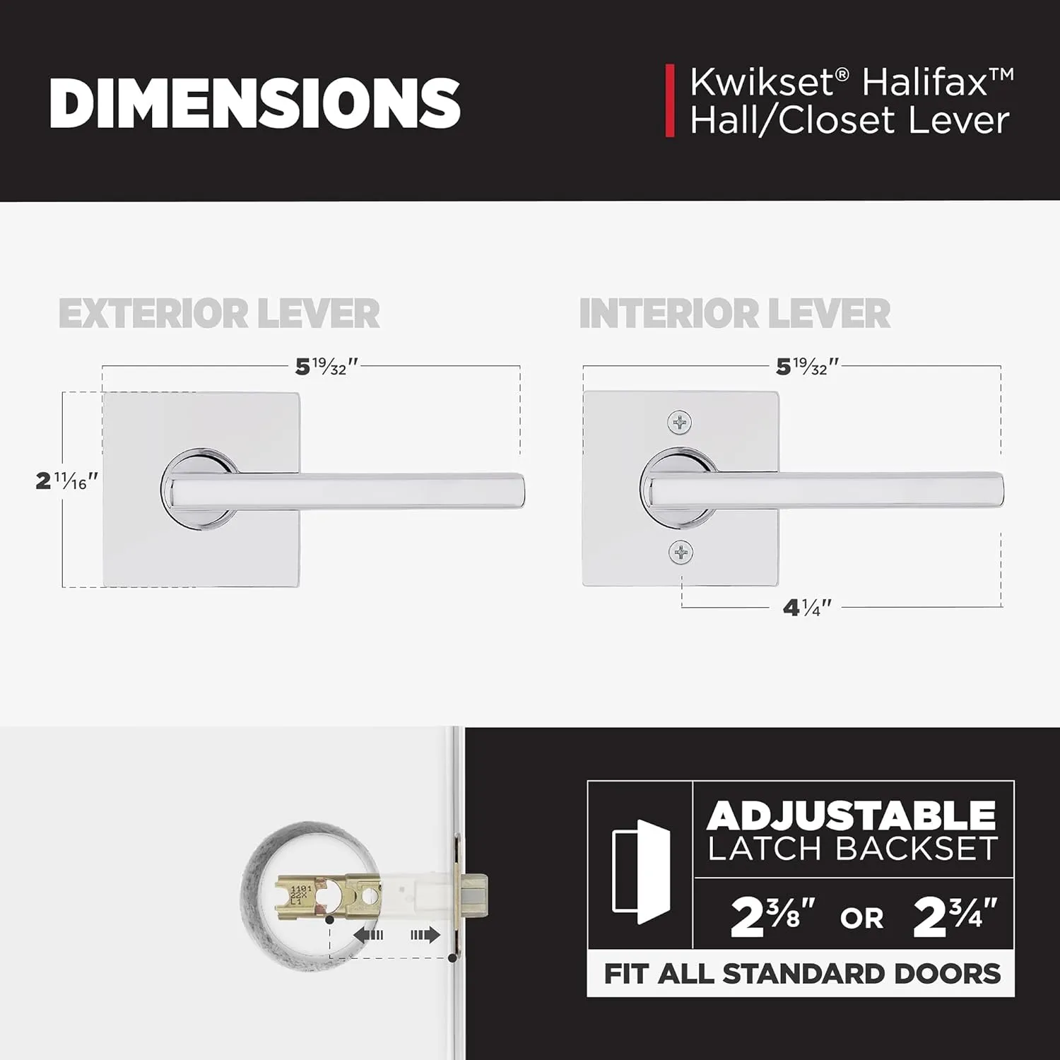 Kwikset Halifax Interior Passage Door Handle, Lever For Closet and Hallway Doors, Reversible Non-Locking Handle Lever, Polished Chrome, Square Rose